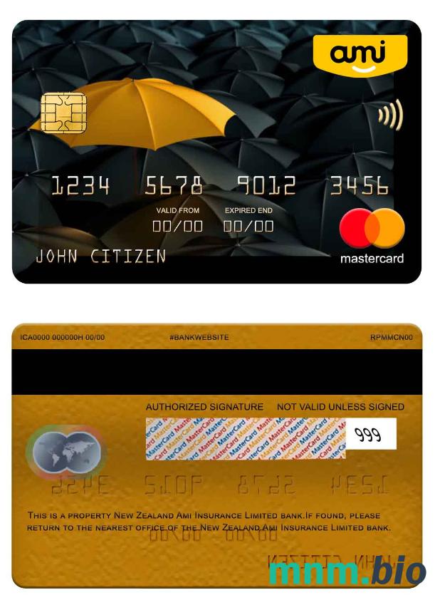 New Zealand Ami Insurance Limited bank przykład karty mastercard w formacie PSD